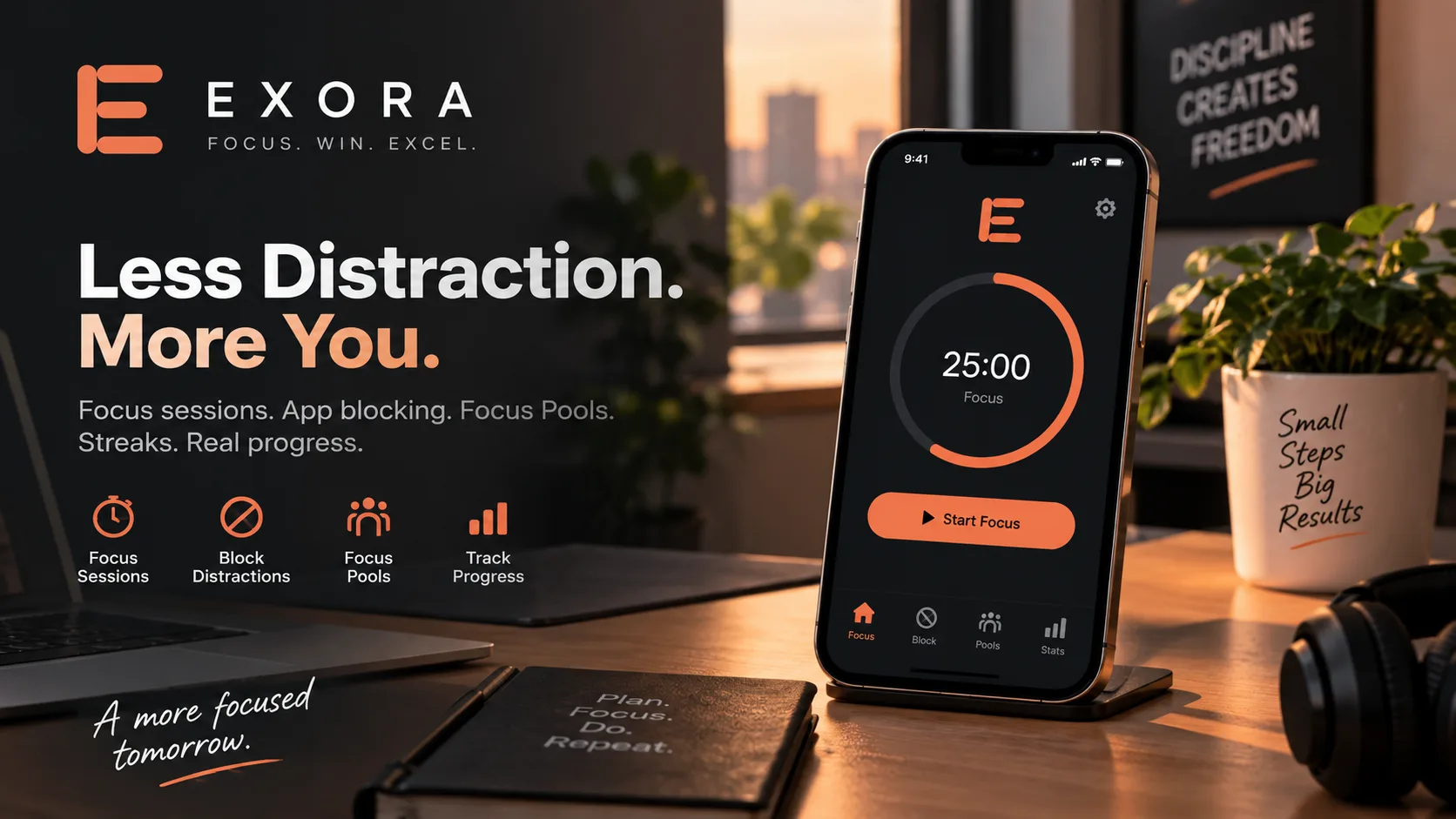 EXORA productivity app showing a 25-minute focus session in a distraction-free workspace, highlighting focus sessions, app blocking, Focus Pools, and progress tracking.