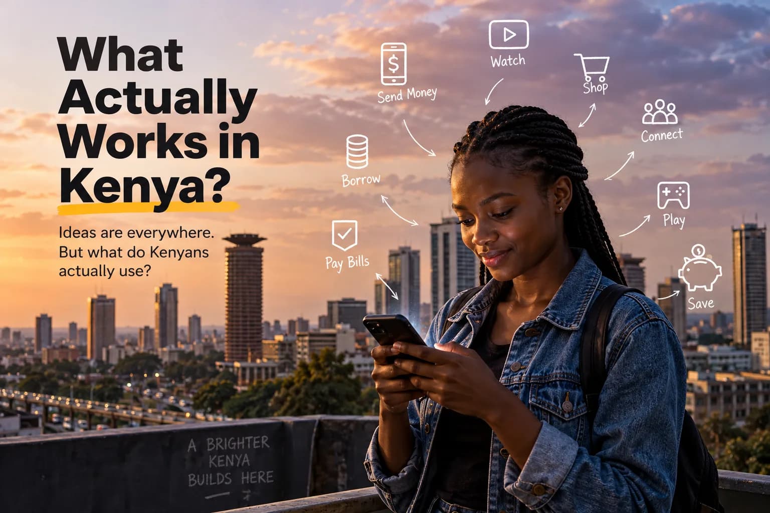 Young Kenyan woman using her smartphone against the Nairobi skyline, surrounded by illustrations representing saving, borrowing, payments, shopping, entertainment and digital connection.