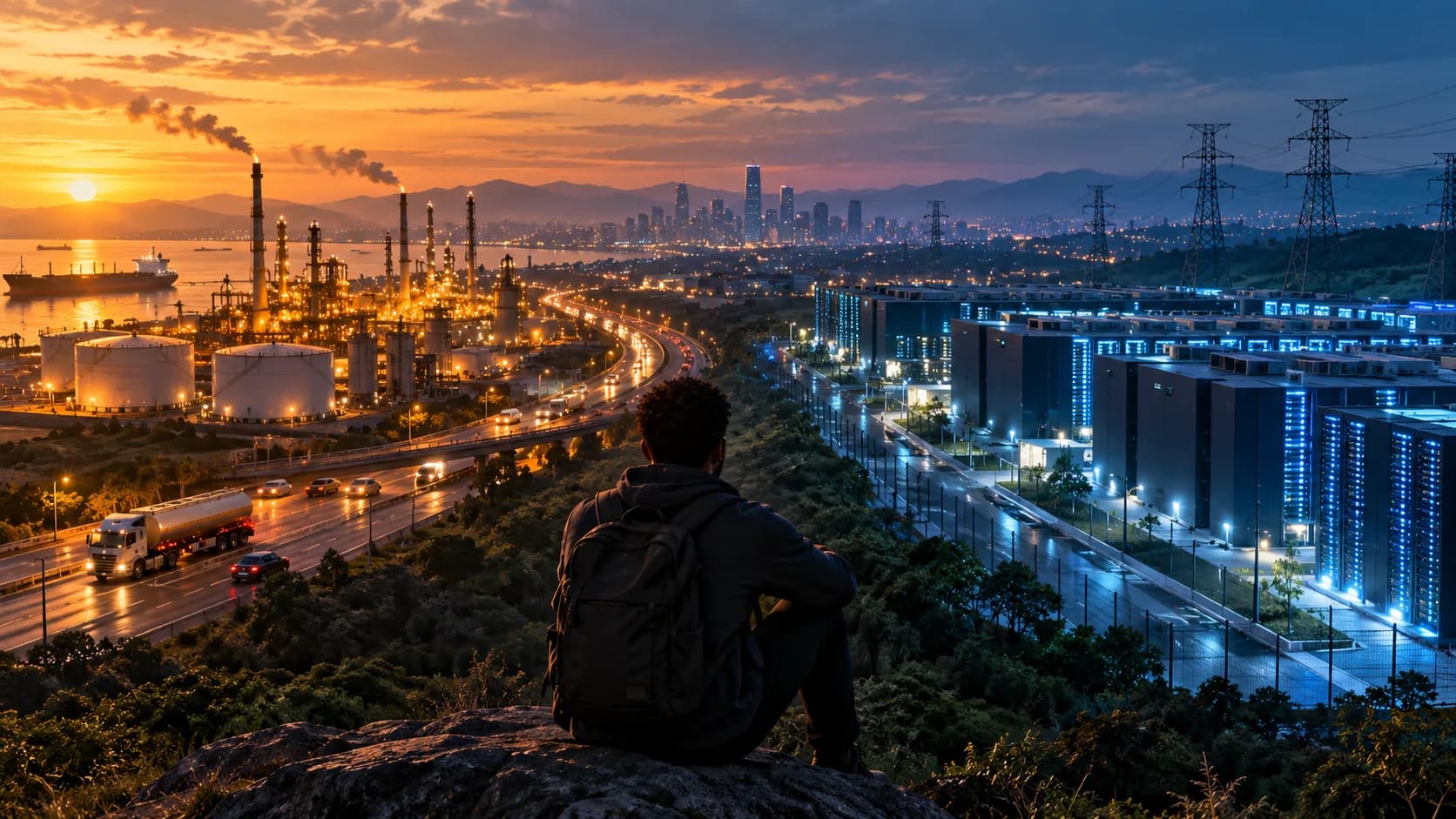 A person overlooking a modern city where petroleum infrastructure and expanding data centres represent two growing pressures on the world’s energy future.