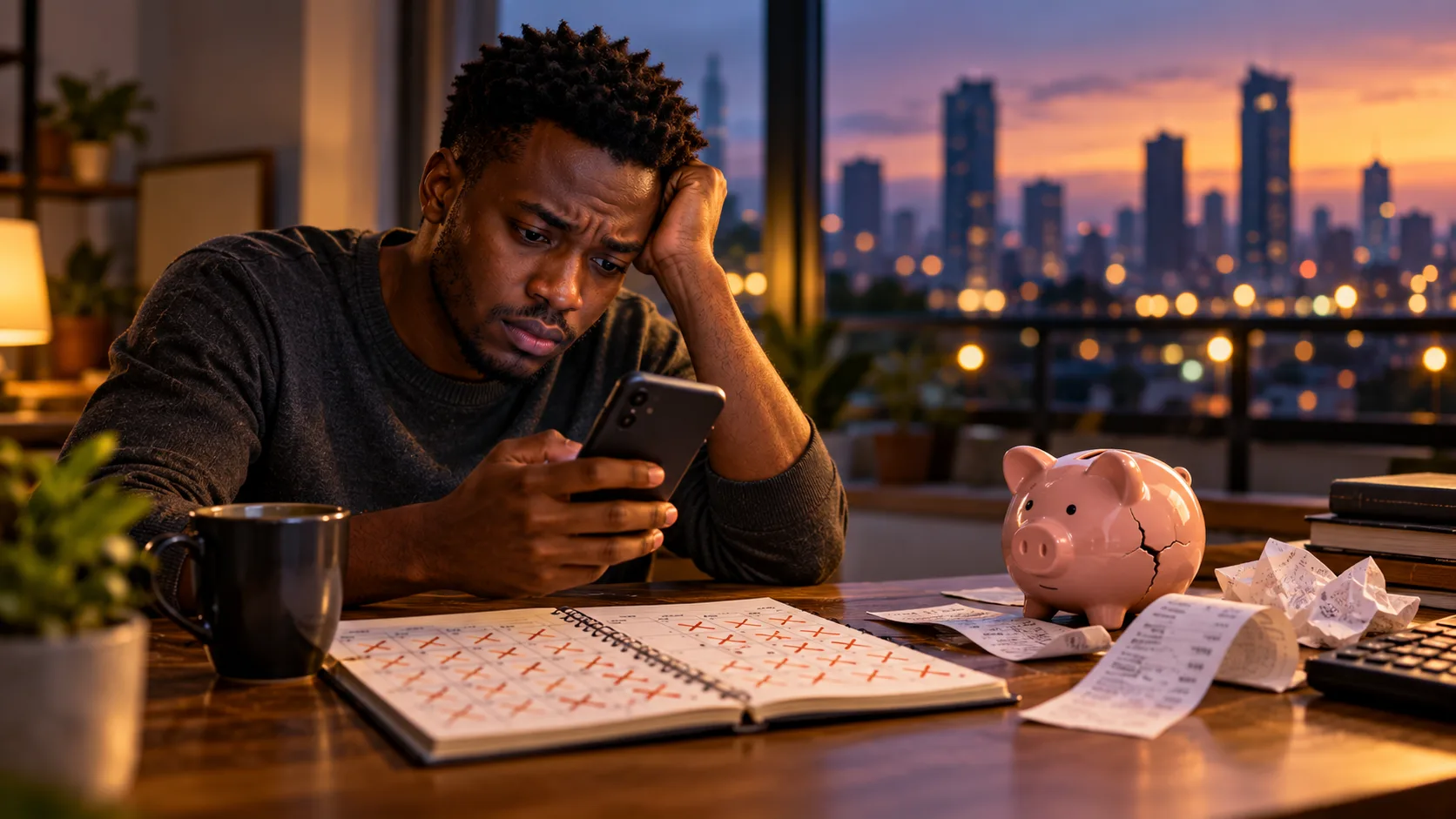 A worried young Kenyan man looking at his phone beside a cracked piggy bank, scattered receipts and a calendar marked with repeated deductions, reflecting the financial pressure of ongoing debt.