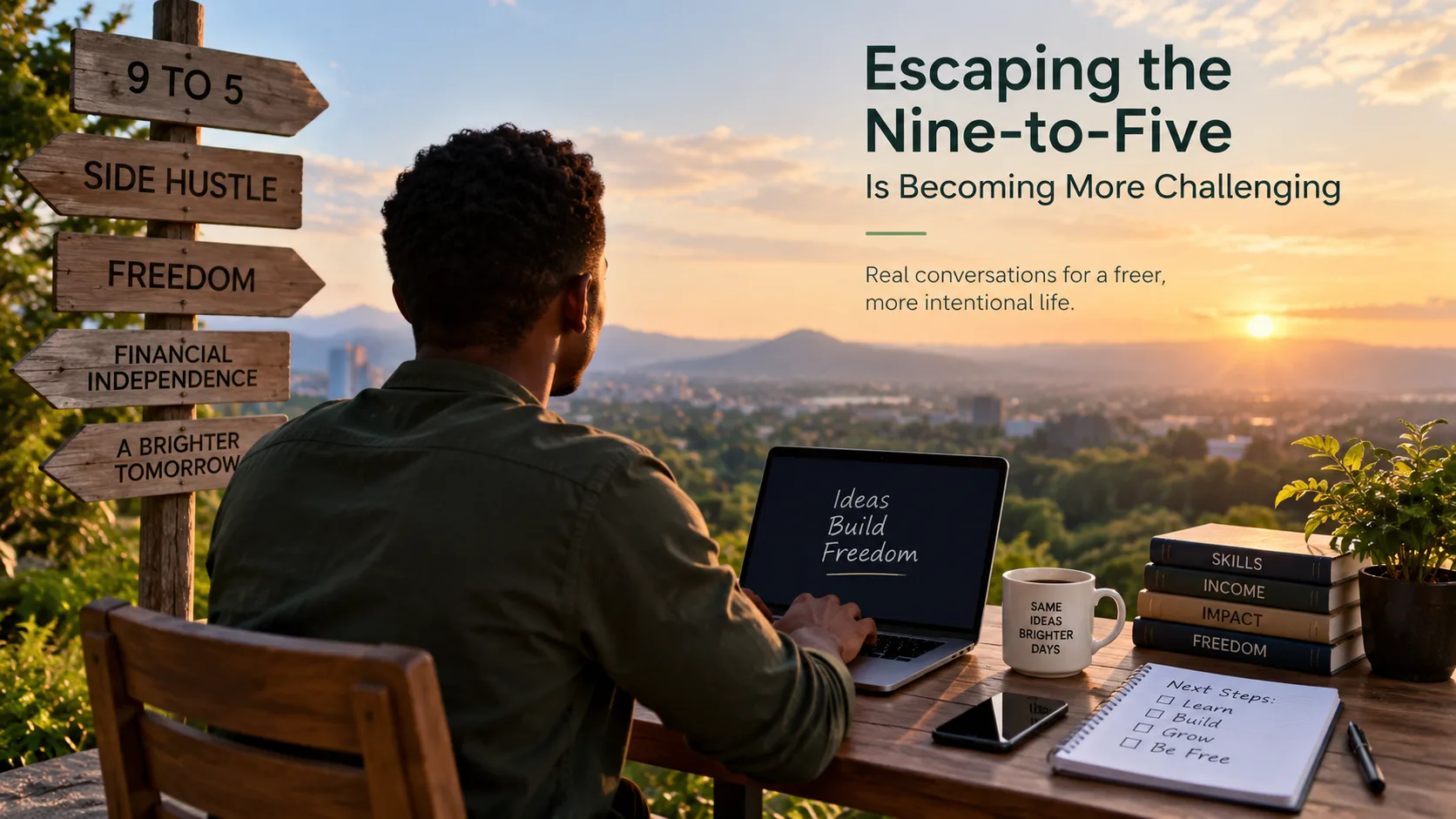 Man working on a laptop at sunset, representing the journey from a traditional 9-to-5 job toward entrepreneurship, financial independence, and personal freedom.