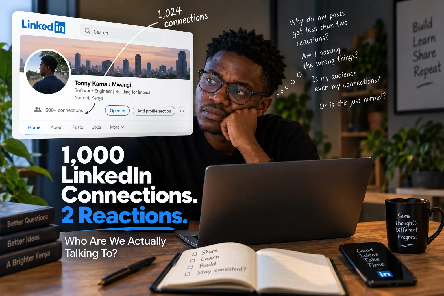 Young professional at a laptop reflecting on the gap between having 1,000 LinkedIn connections and receiving only two reactions on a post.